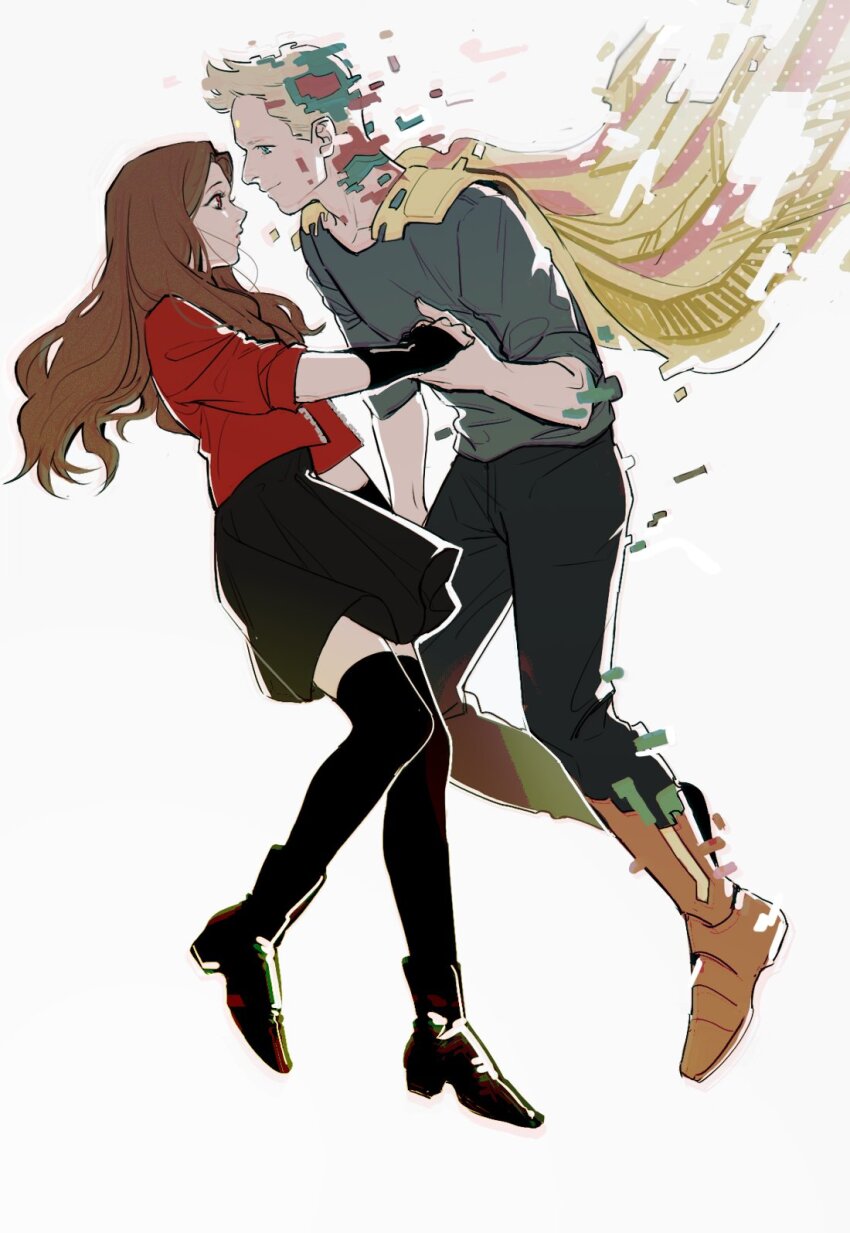 1boy 1girl arm_warmers black_dress black_footwear black_nails black_pants black_thighhighs blonde_hair blue_eyes boots brown_hair cape closed_mouth couple dress fingernails flying full_body glitch green_shirt hand_up hetero highres holding holding_hands jacket long_hair long_sleeves looking_at_another marvel marvel_cinematic_universe nail_polish open_clothes open_jacket open_mouth orange_boots pants qin_(7833198) red_eyes red_jacket scarlet_witch shirt short_hair simple_background smile thighhighs vision_(marvel) wanda_maximoff wandavision white_background yellow_cape