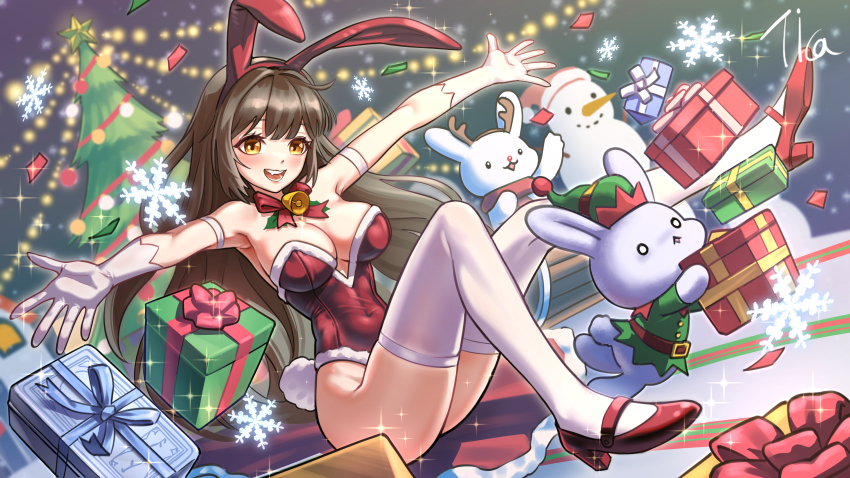 1girl absurdres animal_ear_hairband animal_ears arm_strap bell bow box breasts brown_eyes brown_hair christmas_ornaments christmas_tree covered_navel fake_animal_ears fur-trimmed_leotard fur_trim gift gift_box gloves gotica hairband highres holly leotard long_hair neck_bell open_mouth original outstretched_arms playboy_bunny rabbit rabbit_ear_hairband rabbit_ears rabbit_tail red_bow red_leotard red_shoes shoes snowflakes snowman sparkle spread_arms strapless strapless_leotard tail thighhighs tinsel white_gloves white_thighhighs
