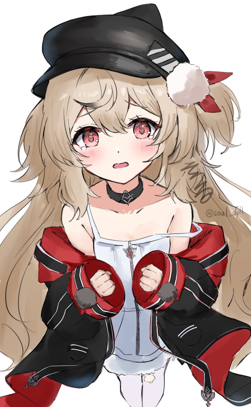 1girl artist_name azur_lane bare_shoulders black_choker black_hat black_jacket blush breasts brown_hair choker dress hands_up hat highres jacket long_hair looking_at_viewer multicolored_jacket pantyhose peaked_cap petite pink_eyes red_jacket short_dress signature simple_background sketch small_breasts solo soul_(dp11) tearing_up torn_clothes torn_pantyhose two-tone_jacket very_long_hair white_background white_dress white_pantyhose z9_(azur_lane)