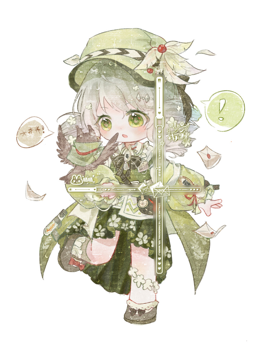 ... absurdres animal_on_arm azi_butaizi bird bird_on_arm black_bow black_bowtie bow bowtie brooch chinese_commentary chinese_text coat collared_shirt commentary_request dot_nose drill_hair envelope eyelashes floral_print footwear_bow frilled_footwear green_coat green_eyes green_hat green_skirt green_vest grey_hair grey_shoes grey_socks hair_bow hat hat_feather highres jewelry leg_up light_blush long_sleeves mary_janes medium_hair mismatched_socks open_clothes open_coat open_mouth original pleated_skirt puffy_long_sleeves puffy_sleeves red_bow sample_watermark shirt shoes simple_background skirt socks speech_bubble spoken_ellipsis striped_bow striped_bowtie striped_clothes tareme too_many_watermarks torn_bow translation_request twin_drills vest watermark wax_seal white_background white_shirt white_socks