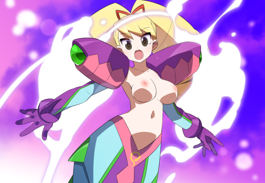 1girl blonde_hair bow breasts em_wave_change_(mega_man) gloves glowing hair_bow henshin kaidou_zx long_hair luna_platz_(mega_man) mega_man_(series) mega_man_star_force_(series) navel nipples open_mouth purple_gloves queen_ophiuca_(mega_man) red_bow surprised variant_set very_long_hair