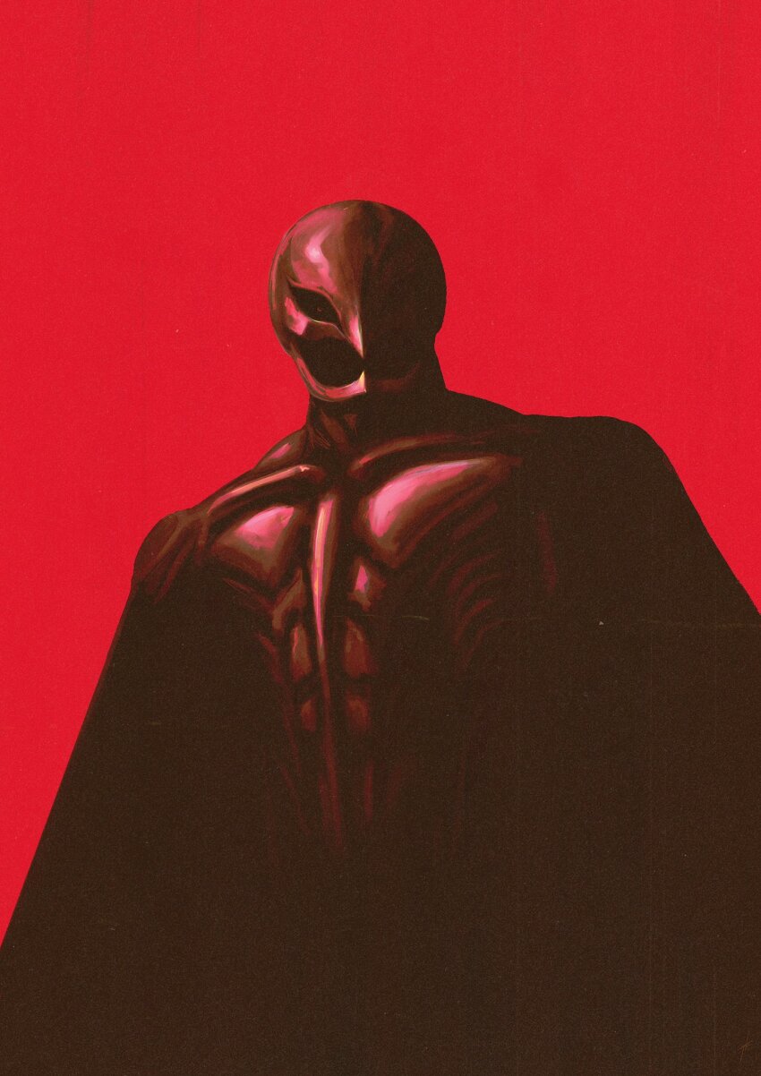 1boy armor berserk breastplate cape commentary cowboy_shot english_commentary faznova griffith_(berserk) helm helmet highres male_focus red_background red_theme simple_background solo