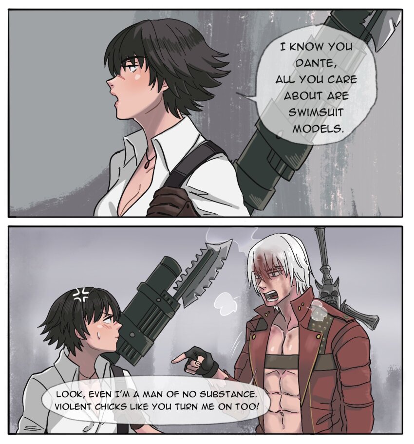 1boy 1girl black_gloves black_hair blood blood_on_face dante_(devil_may_cry) devil_may_cry devil_may_cry_(series) devil_may_cry_3 fingerless_gloves gloves highres jacket jumpoon kalina_ann_(weapon) lady_(devil_may_cry) no_shirt rebellion_(sword) red_jacket rocket_launcher scar scar_on_face scar_on_nose shirt short_hair speech_bubble sword sword_on_back weapon weapon_on_back white_hair white_shirt