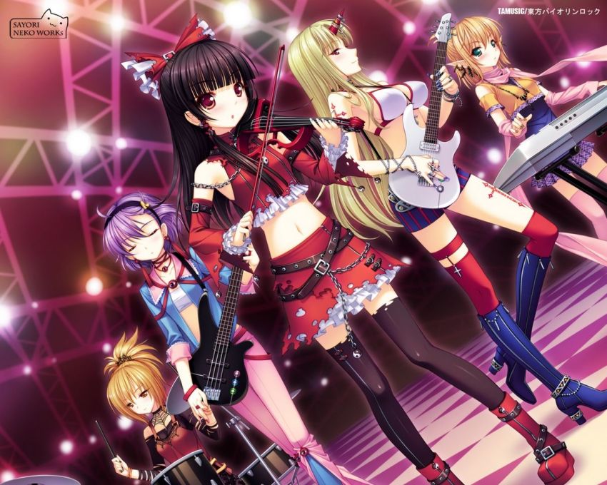5girls band_(music) bikini black_hair black_legwear black_shirt blonde_hair blue_footwear blue_jacket blue_shorts boots bow breasts brown_eyes chain choker closed_eyes collarbone cross_tattoo detached_sleeves dress drum drum_set drumsticks earrings electric_guitar green_eyes guitar hair_bow hairband hakurei_reimu high_heels holding horn hoshiguma_yuugi instrument jacket jewelry keyboard_(instrument) komeiji_satori kurodani_yamame large_breasts leg_tattoo long_hair long_sleeves looking_at_viewer medium_breasts midriff mizuhashi_parsee multiple_girls navel open_clothes open_jacket open_mouth orange_shirt pants pink_hair pink_legwear pink_pants pink_scarf pointy_ears ponytail purple_skirt red_dress red_footwear red_legwear red_shirt red_skirt sayori_(neko_works) scarf shirt short_hair shorts shoulder_tattoo sitting skirt sleeveless sleeveless_dress sleeveless_shirt small_breasts smile stage standing strapless striped_clothes striped_shorts swimsuit tattoo thighhighs touhou tube_top violin white_bikini white_shirt
