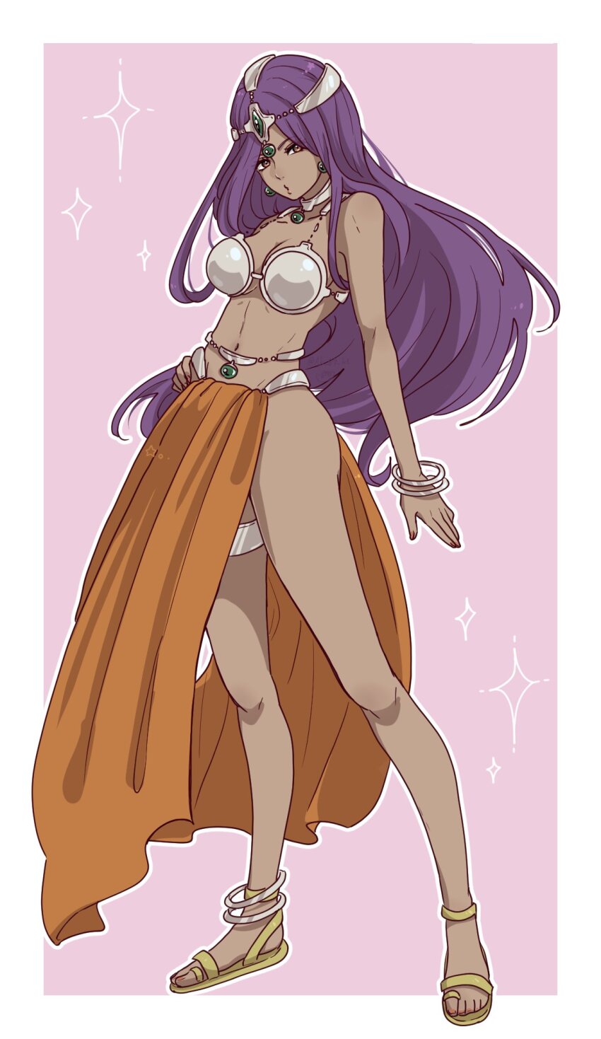 1girl ak_87_kt anklet armor belly_chain bikini_armor bracelet breasts brown_eyes circlet cleavage dancer dark-skinned_female dark_skin dragon_quest dragon_quest_iv earrings eyelashes eyeshadow fingernails forehead_jewel full_body gem green_gemstone hand_on_own_hip highres jewelry loincloth long_hair looking_at_viewer makeup manya_(dq4) metal_bikini metal_bra multiple_bracelets nail_polish navel necklace orange_nails orange_skirt pelvic_curtain puckered_lips purple_hair skirt solo sphere_earrings standing