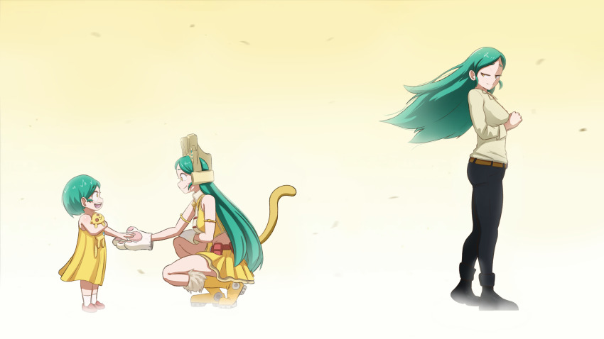 3girls :d absurdres animal_hands boku_no_hero_academia boots cat_paws commentary commission dress dual_persona english_commentary from_side full_body gloves gradient_background greatm8 green_hair half-closed_eyes handshake highres holding_hands long_hair looking_at_another looking_back multiple_girls open_mouth paw_gloves photoshop_(medium) profile ragdoll_(boku_no_hero_academia) simple_background smile squatting standing thighs time_paradox yellow_background yellow_boots yellow_dress yellow_eyes
