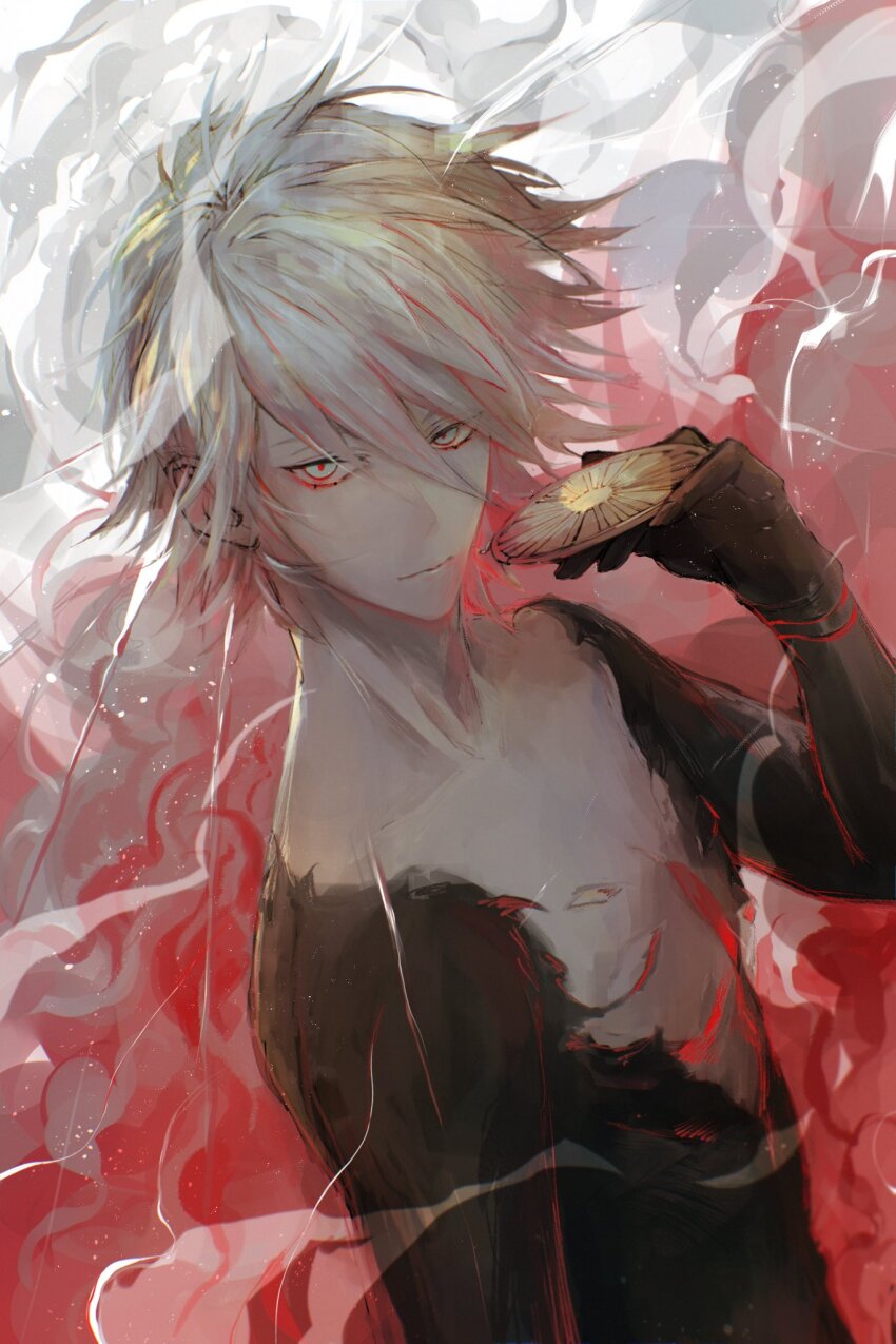 1boy bishounen blue_eyes chest_jewel earrings eyeshadow eyeshadow_under_eye fate/grand_order fate_(series) hair_between_eyes highres jewelry jun_canopus karna_(fate) looking_at_viewer makeup male_focus pale_skin red_eyeshadow short_hair solo upper_body white_hair
