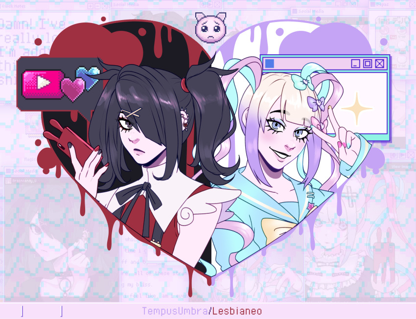 2girls :/ :d absurdres ame-chan_(needy_girl_overdose) black_hair bleeding blonde_hair blood blue_eyes blue_hair blue_sailor_collar blunt_bangs bow chest_bow chouzetsusaikawa_tenshi-chan colored_tips diagonal_bangs dual_persona hair_bow hair_ornament hair_over_one_eye heart highres holding holding_phone looking_at_viewer multicolored_hair multiple_girls multiple_hair_bows multiple_piercings neck_ribbon needy_girl_overdose official_art_inset open_mouth phone pien_cat_(needy_girl_overdose) pink_hair quad_tails red_shirt ribbon sailor_collar shirt short_twintails sidelocks smile suspenders tempusumbra twintails upper_body v window_(computing) winged_sleeves x_hair_ornament