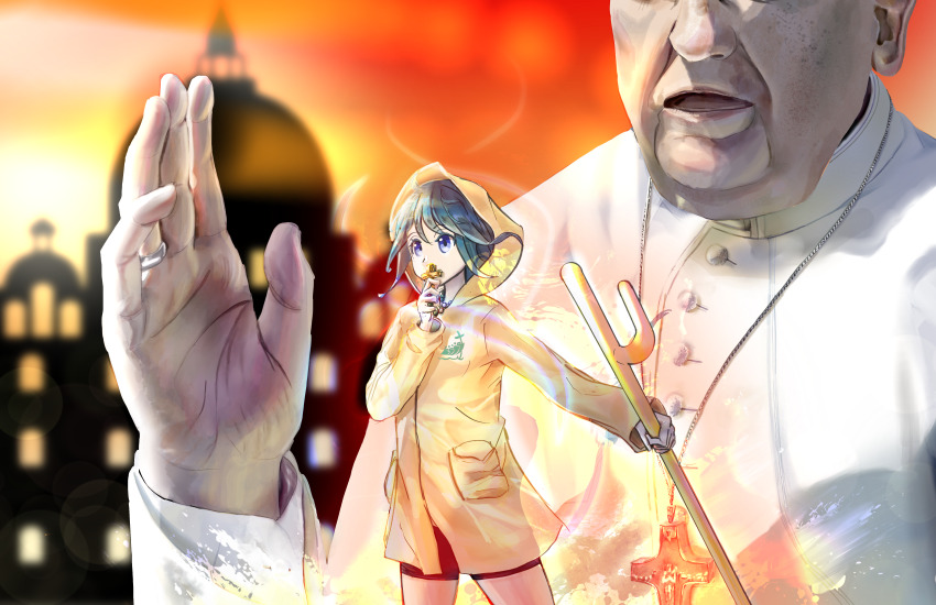 1boy 1girl absurdres black_shorts blue_eyes blue_hair cane capelet catholic clerical_collar cross cross_necklace highres holding holding_cane jewelry jubilee_2025 luce_(jubilee_2025) necklace old old_man pope_francis raincoat ring robe rosary saint_peter&#039;s_cathedral shorts white_capelet white_robe windsketchy yellow_raincoat