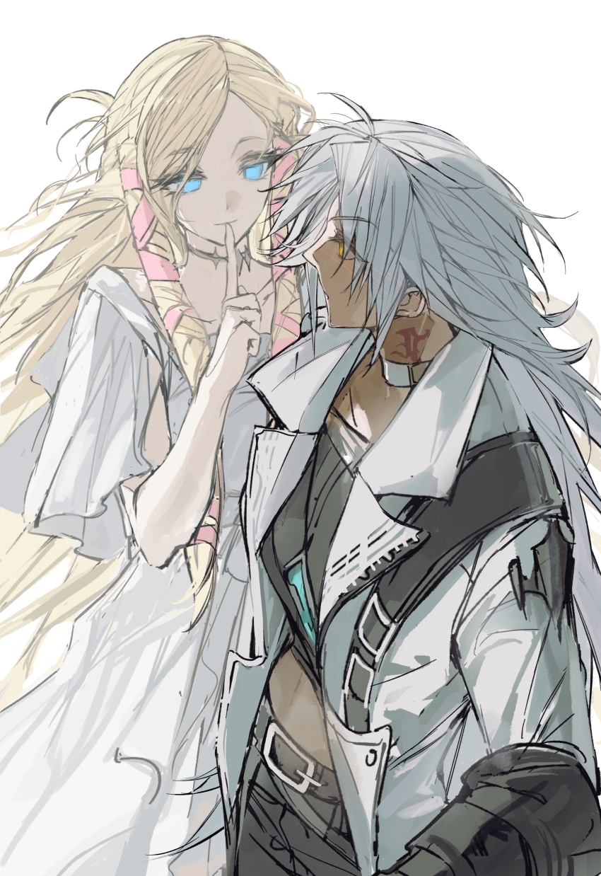 2girls absurdres anjiaoyu archon_mark belt blonde_hair blue_eyes choker coat cowboy_shot dress eye_contact final_fantasy final_fantasy_xiv genderswap genderswap_(mtf) hair_ribbon highres hyur index_finger_raised long_hair looking_at_another minfilia_warde multiple_girls neck_tattoo no_pupils ribbon simple_background smile tattoo thancred_waters white_background white_choker white_coat white_dress white_hair yellow_eyes