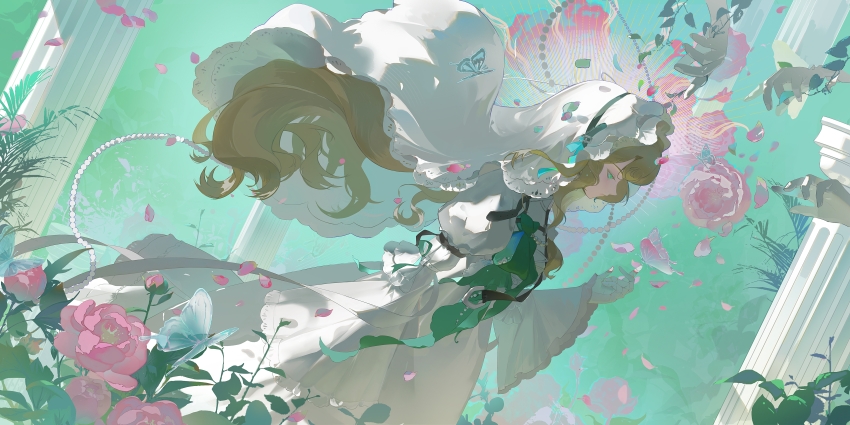 1girl absurdres aqua_background aqua_eyes bandaged_hand bandages blonde_hair broken_pillar bug butterfly butterfly_on_hand chl---- column dress dutch_angle flower from_side hand_up highres insect juliet_sleeves long_dress long_hair long_sleeves looking_at_animal lorelei_(reverse:1999) pillar pink_butterfly pink_flower profile puffy_sleeves reverse:1999 solo upper_body veil very_long_hair white_butterfly white_dress white_veil wide_sleeves