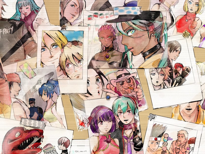 6+boys 6+girls antonov_(kof) asamiya_athena ash_crimson blonde_hair blue_eyes blue_hair blue_mary chris_(kof) dolores_(kof) elisabeth_blanctorche fatal_fury green_eyes green_hair hat heidern highres isla_(kof) joe_higashi k&#039;_(kof) k9999 king_(snk) king_of_dinosaurs krohnen kukri_(kof) kula_diamond kusanagi_kyou leona_heidern looking_at_viewer luong matching_hair/eyes meitenkun multiple_boys multiple_girls nanakase_yashiro purple_eyes purple_hair ralf_jones red_eyes rock_howard ryou_sakazaki ryuuko_no_ken shermie_(kof) shiranui_mai shun&#039;ei snk terry_bogard the_king_of_fighters the_king_of_fighters_xv vanessa_(kof) yagami_iori