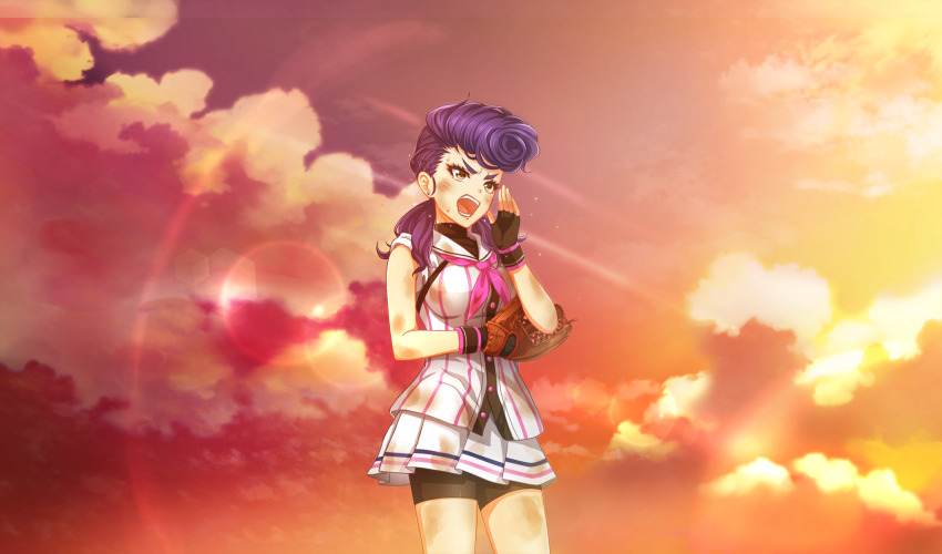 1girl baseball_uniform bike_shorts_under_skirt black_gloves black_shorts black_undershirt cinderella_series cloud cowboy_shot evening fingerless_gloves game_cg gloves hachigatsu_no_cinderella_nine highres izumida_kyouka lens_flare long_hair looking_ahead low_twintails neckerchief non-web_source official_art open_mouth orange_eyes orange_sky pink_neckerchief pleated_skirt pompadour purple_hair satogahama_baseball_uniform shirt shirt_under_shirt short_sleeves shorts skirt sky solo sportswear standing striped_clothes striped_shirt sweat twintails vertical-striped_clothes vertical-striped_shirt wristband