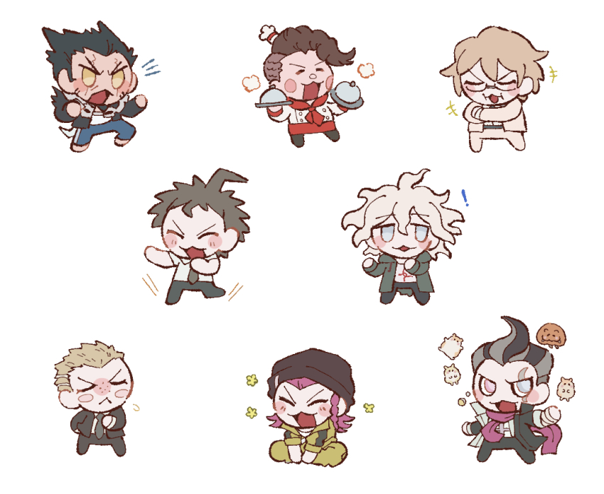 30en_(esx5g) 6+boys :&lt; ahoge animal black_hair black_hat black_jacket blonde_hair blush blush_stickers brown_hair cham-p chef_hat danganronpa_(series) danganronpa_2:_goodbye_despair freckles glasses grey_hair hamster hanamura_teruteru hat hinata_hajime jacket jum-p komaeda_nagito kuzuryu_fuyuhiko maga-g medium_hair multicolored_hair multiple_boys nidai_nekomaru open_clothes open_jacket pink_hair simple_background soda_kazuichi sun-d tanaka_gundham togami_byakuya_(danganronpa_2) two-tone_hair white_background