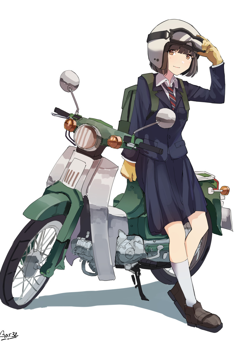 1girl absurdres arm_up black_jacket black_skirt blazer brown_eyes brown_gloves brown_hair brown_shoes closed_mouth collared_shirt commentary diagonal-striped_clothes diagonal-striped_necktie diagonal-striped_neckwear full_body gar32 gloves goggles goggles_on_headwear helmet highres honda_super_cub jacket koguma_(super_cub) loafers long_sleeves looking_at_viewer necktie pleated_skirt school_uniform shadow shirt shoes skirt smile socks solo striped_clothes striped_necktie striped_neckwear super_cub white_background white_headwear white_shirt white_socks