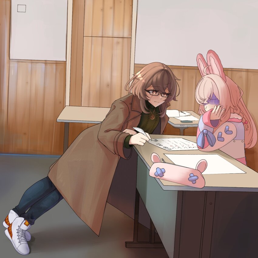 2girls @_@ ahoge animal_ears blue_pants brown_coat brown_eyes brown_hair clio_aite closed_mouth coat deal glasses green_sweater highres indie_virtual_youtuber jacket jewelry leaning long_hair multicolored_jacket multiple_girls nad_(gon4d) necklace pants phase_connect pipkin_pippa pipkin_pippa_(1st_costume) rabbit_ears rabbit_girl shoes sweater teacher virtual_youtuber white_shoes
