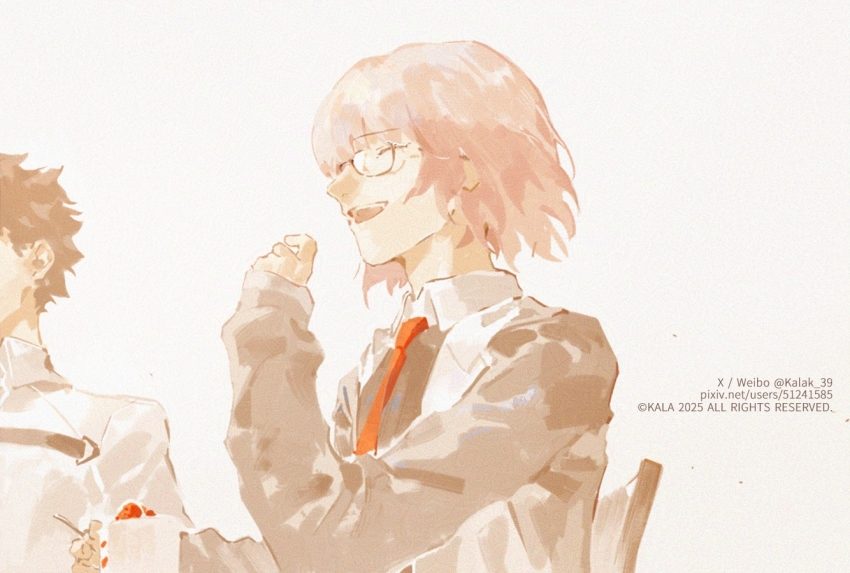 1boy 1girl black_hair cake cake_slice chair chaldea_uniform copyright_notice fate_(series) food fruit fujimaru_ritsuka_(male) jacket kalak_39 long_sleeves mash_kyrielight necktie open_clothes open_jacket pixiv_username purple_hair red_necktie short_hair smile strawberry strawberry_cake teeth twitter_username white_background