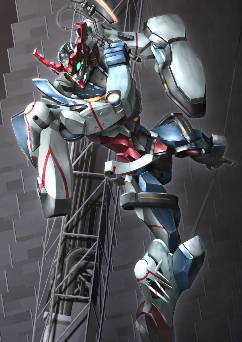 absurdres blue_eyes cable commentary_request gquuuuuux gundam gundam_gquuuuuux hayatefseiei heat_hawk highres machinery mecha mecha_focus mobile_suit no_humans realistic robot science_fiction shield solar_panel space v-fin zero_gravity