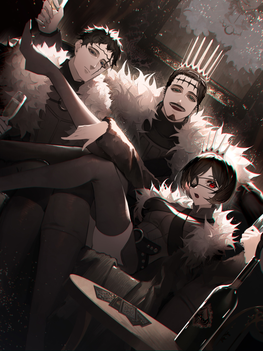 1girl 2boys absurdres black_clover black_hair blue_eyes cape coat crown dante_zogratis eyepatch facial_hair facial_mark forehead_mark frit_2 fur-trimmed_cape fur-trimmed_coat fur_coat fur_trim goatee highres looking_at_viewer multiple_boys mustache red_eyes siblings spade_(shape) vanica_zogratis zenon_zogratis