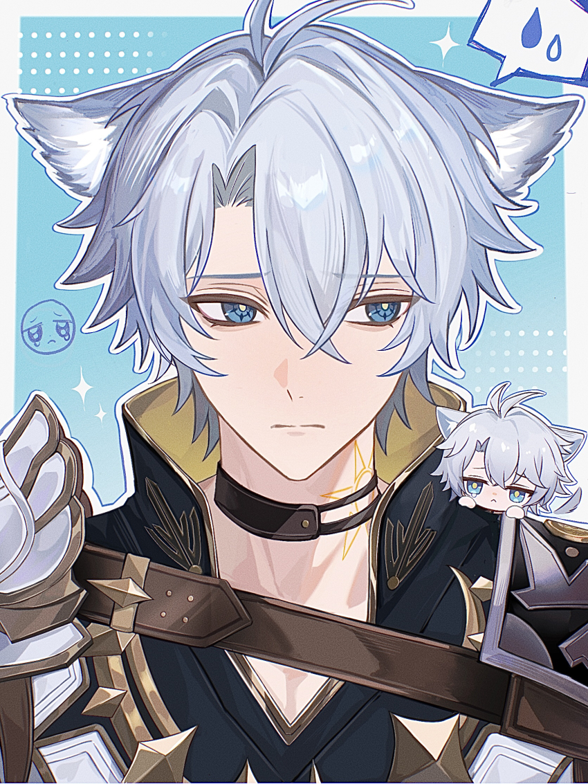 1boy animal_ears antenna_hair armor bbm8873 blue_background blue_eyes chibi closed_mouth commentary_request dual_persona expressionless grey_hair hair_between_eyes highres honkai:_star_rail honkai_(series) kemonomimi_mode looking_at_viewer male_focus neck_tattoo pauldrons phainon_(honkai:_star_rail) portrait short_hair shoulder_armor simple_background single_pauldron speech_bubble spoken_sweatdrop sun_symbol sun_tattoo sweatdrop tan tattoo