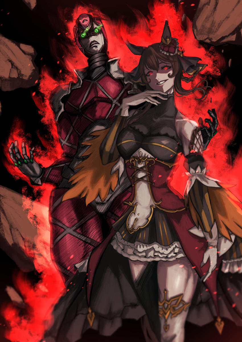 1girl 1other absurdres animal_ears between_breasts breasts cleavage closed_mouth collarbone commentary_request detached_sleeves evil_grin evil_smile gentildonna_(umamusume) grin hasewo highres horse_ears horse_tail king_crimson_(stand) large_breasts looking_at_viewer medium_hair red_eyes rock smile stand_(jojo) tail thighhighs umamusume