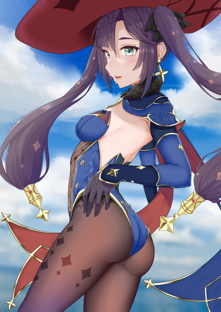 1girl absurdres ass bad_id bad_pixiv_id black_gloves blue_leotard blue_sky breasts capelet cloud detached_sleeves dutch_angle earrings floating_hair from_side fur_collar genshin_impact gloves gold_trim green_eyes hat highres jewelry leotard long_hair mona_(genshin_impact) outdoors pantyhose parted_lips purple_hair sky small_breasts solo sparkle_print star_(symbol) star_earrings twintails very_long_hair witch_hat yiler