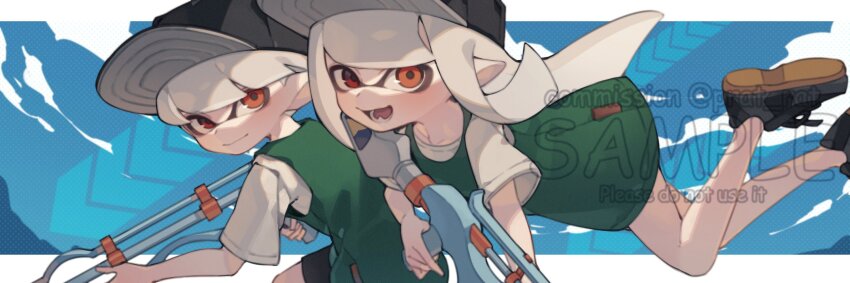 1boy 1girl baseball_cap black_footwear black_hat black_shorts blue_background closed_mouth commentary commission english_commentary film_grain hat highres holding holding_weapon inkling inkling_boy inkling_girl inkling_player_character jersey letterboxed long_hair looking_at_viewer nintendo open_mouth pointy_ears prat_rat red_eyes sample_watermark shirt short_hair short_sleeves shorts smile splatoon_(series) squiffer_(splatoon) tentacle_hair watermark weapon white_hair white_shirt