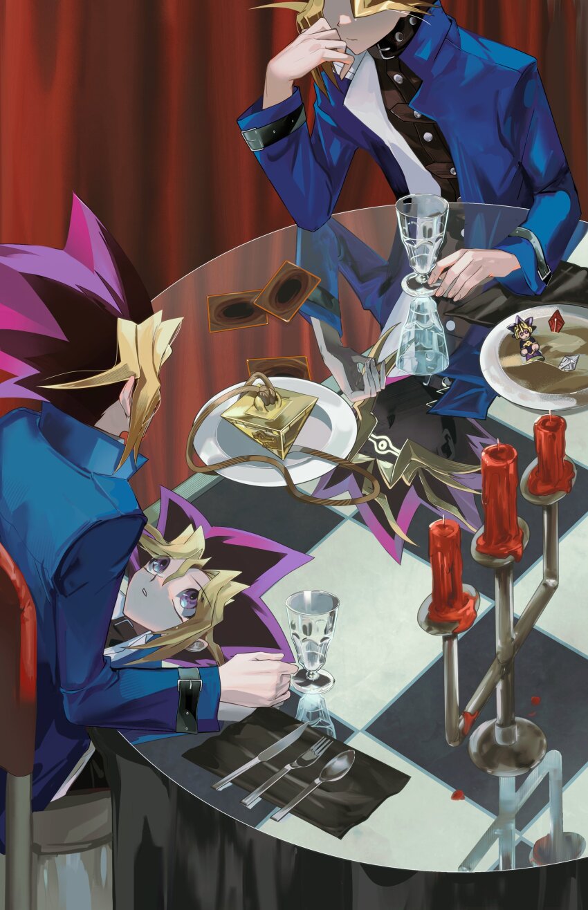 2boys absurdres black_hair black_shirt blonde_hair blue_jacket glass highres jacket male_focus medium_hair millennium_puzzle multicolored_hair multiple_boys muto_yugi purple_hair reflection shirt sitting spiked_hair table trading_card uuu_ygo yami_yugi yu-gi-oh! yu-gi-oh!_duel_monsters