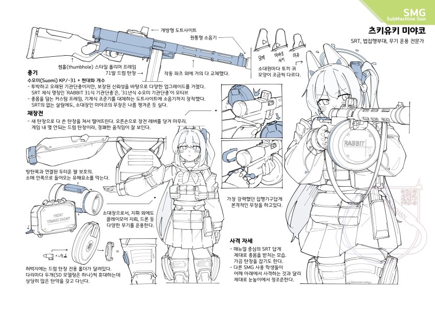 1girl absurdres aiming animal_ear_headphones animal_ears blue_archive blue_halo blush bulletproof_vest claymore_(mine) commentary explosive fake_animal_ears flukhan gloves grey_hair gun halo headphones highres holding holding_gun holding_weapon knee_pads korean_text long_sleeves magazine_(weapon) mine_(weapon) miyako_(blue_archive) one_side_up ponytail rabbit_ear_headphones reference_sheet reloading simple_background solo submachine_gun suomi_kp/-31 translation_request weapon weapon_focus white_background white_hair