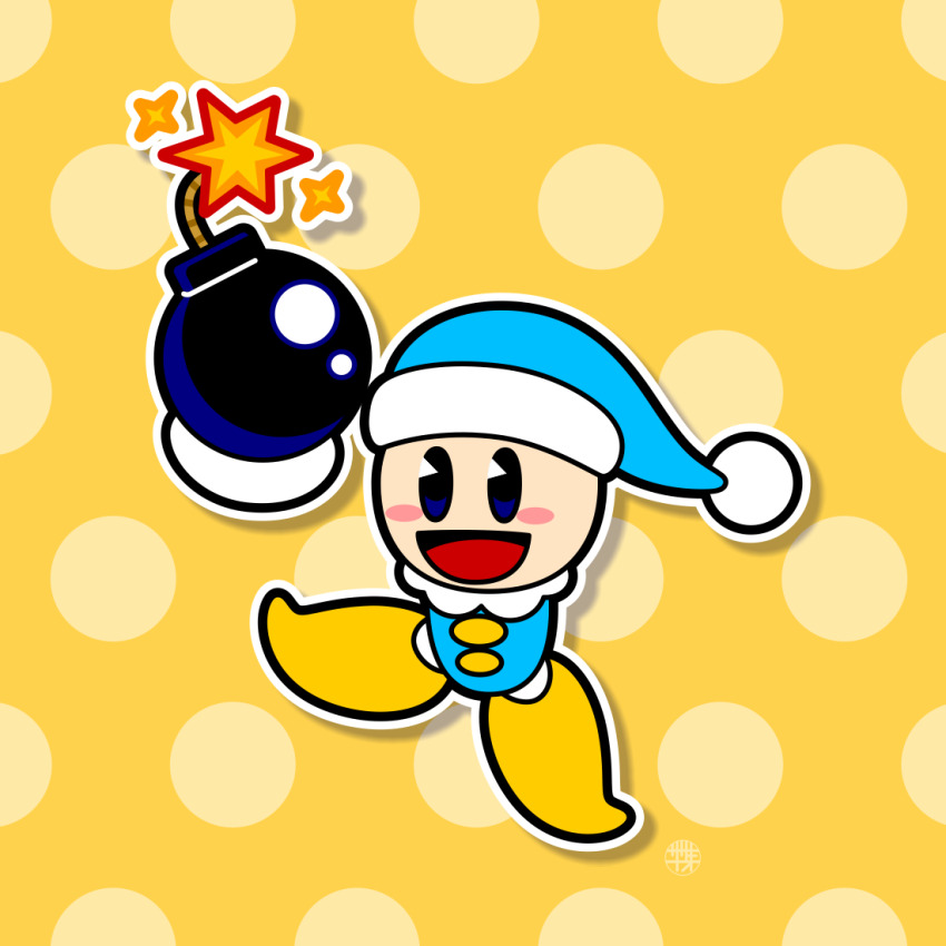 1boy blue_eyes blue_hat blush_stickers bomb explosive full_body hat holding holding_bomb kirby_(series) lit_fuse looking_at_viewer male_focus nintendo no_humans no_nose open_mouth polka_dot polka_dot_background pom_pom_(clothes) poppy_bros_jr rayman_limbs sasakinao solo yellow_background