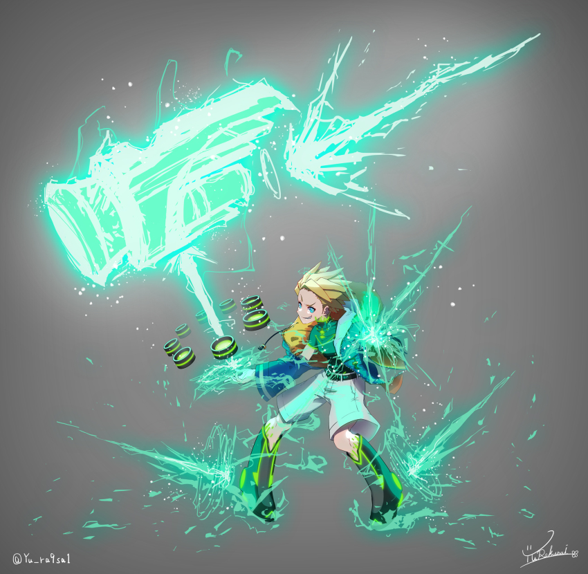 1boy anime_coloring blonde_hair blue_hair blue_jacket boots character_request child electricity electrokinesis fang fur-trimmed_jacket fur_trim glowing glowing_weapon grin hammer high_collar highres huge_weapon jacket male_focus open_clothes open_jacket shirt sledgehammer smile spiked_hair weapon white_shirt yurakusai