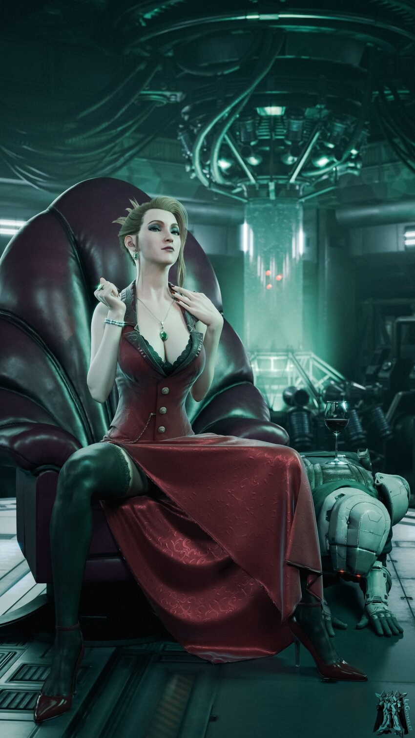 3d absurdres alcohol animal_ears asymmetrical_hair bare_shoulders blonde_hair bracelet breasts buttons chair cleavage cup dress drinking_glass eyeshadow femdom final_fantasy final_fantasy_vii final_fantasy_vii_remake high_heels highres human_furniture indoors jewelry large_breasts leguymelef lipstick makeup mascara nail_polish necklace purple_eyeshadow red_dress red_footwear red_nails scarlet_(ff7) sitting smile soldier spread_legs thighhighs watermark wine wine_glass
