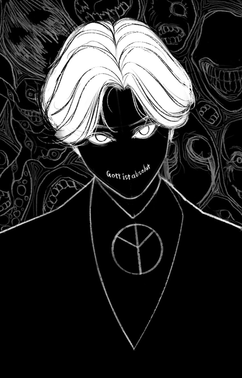 1boy absurdres black_background body_horror body_writing choujin_x german_text highres ichiiro_sato_(choujin_x) looking_at_viewer male_focus monochrome multiple_faces peace_symbol solo solo_focus zombata_2112