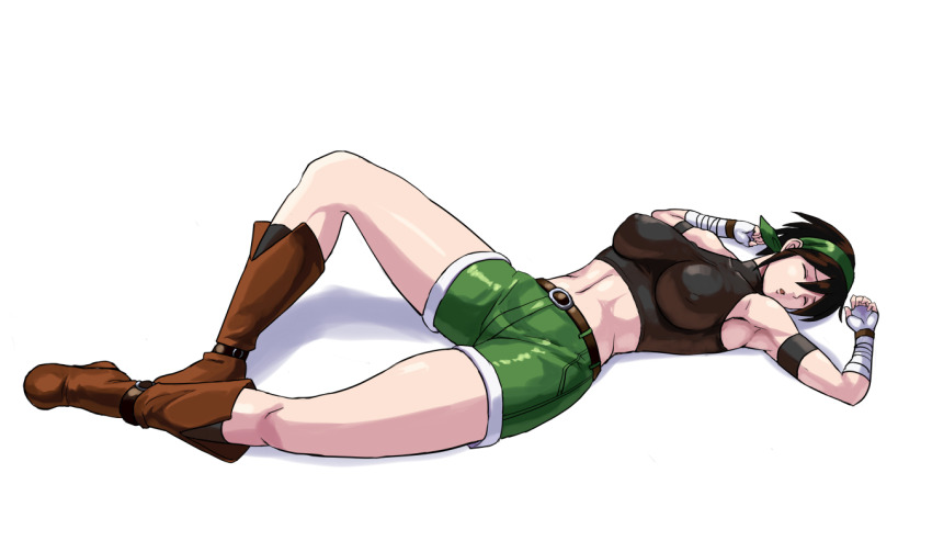 1girl 78_(tky8) armpits bandaged_wrist bandages bandit_(tales_of_destiny_2) belt black_sports_bra boots breasts brown_belt brown_boots brown_hair closed_eyes commentary_request covered_erect_nipples full_body green_hairband green_shorts hairband large_breasts lying midriff navel on_back open_mouth short_hair shorts simple_background solo sports_bra tales_of_(series) tales_of_destiny tales_of_destiny_2 unconscious white_background