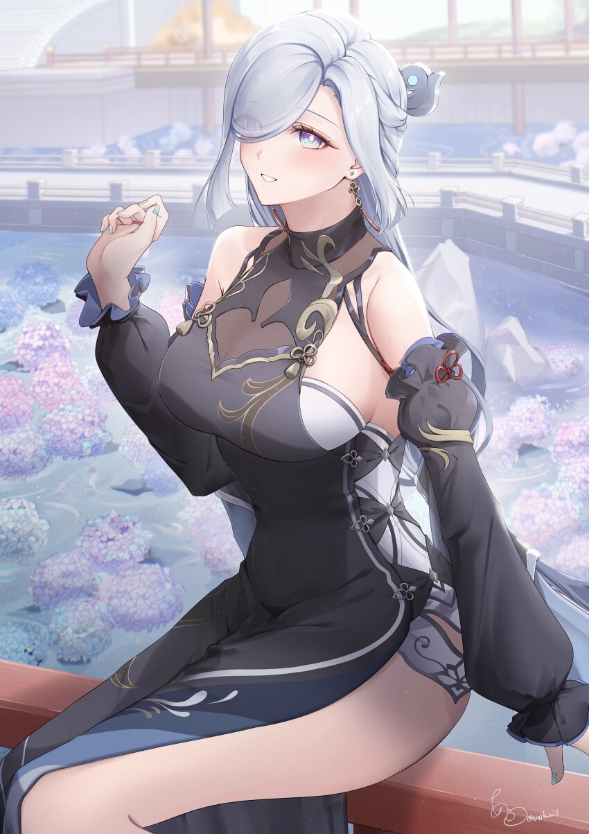1girl absurdres arano_(waikuni11) bare_shoulders black_dress black_sleeves blue_nails breasts cleavage commentary_request detached_sleeves dress earrings eyes_visible_through_hair fingernails genshin_impact grey_eyes grey_hair hair_over_one_eye hand_up highres jewelry large_breasts long_hair long_sleeves nail_polish official_alternate_costume parted_lips see-through_cleavage see-through_clothes shenhe_(frostflower_dew)_(genshin_impact) shenhe_(genshin_impact) sideboob signature sitting sleeveless sleeveless_dress smile solo tassel tassel_earrings twitter_username very_long_hair