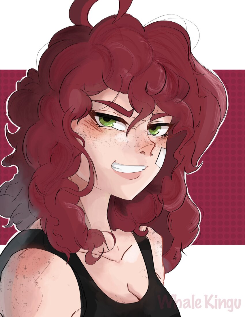 1girl bandaid bandaid_on_cheek bandaid_on_face black_tank_top body_freckles borrowed_character breasts cleavage commentary curly_hair freckles green_eyes grin highres kingu_(whalekingu) medium_breasts original portrait red_hair shoulder_freckles smile solo tank_top