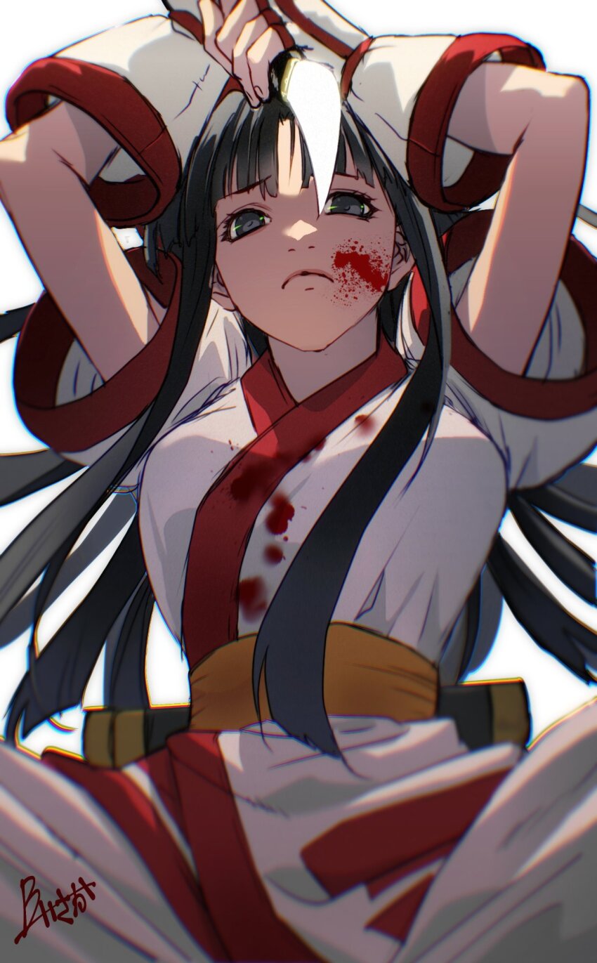 1girl ainu_clothes arms_up artist_name black_hair blood blood_on_face breasts fingerless_gloves gloves grey_eyes hair_ribbon highres imminent_attack incoming_attack large_breasts legs long_hair looking_at_viewer nakoruru pants ribbon sad samurai_spirits sitting snk solo spread_legs the_king_of_fighters thighs weapon
