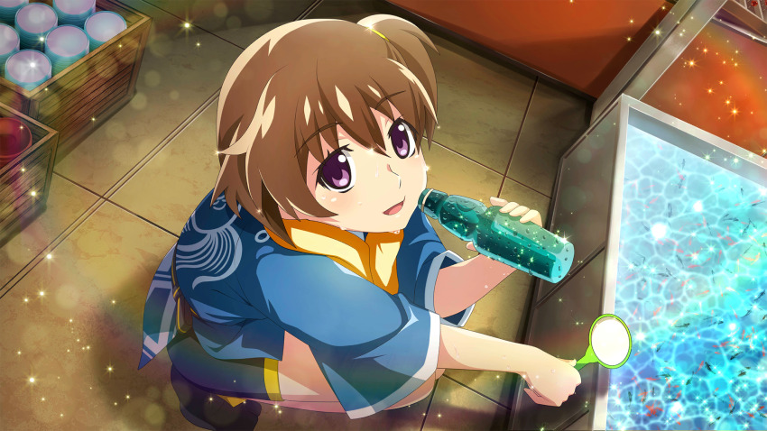 1girl :d akasaka_miyuki black_shoes black_shorts blue_happi bottle brown_hair dutch_angle fish from_above full_body game_cg goldfish goldfish_scooping hair_between_eyes happi highres higurashi_no_naku_koro_ni higurashi_no_naku_koro_ni_mei holding holding_bottle japanese_clothes lens_flare looking_at_viewer non-web_source official_art one_side_up open_mouth poi_(goldfish_scoop) purple_eyes ramune shoes short_hair shorts smile solo sparkle squatting summer_festival sweat three-quarter_sleeves towel towel_around_neck water