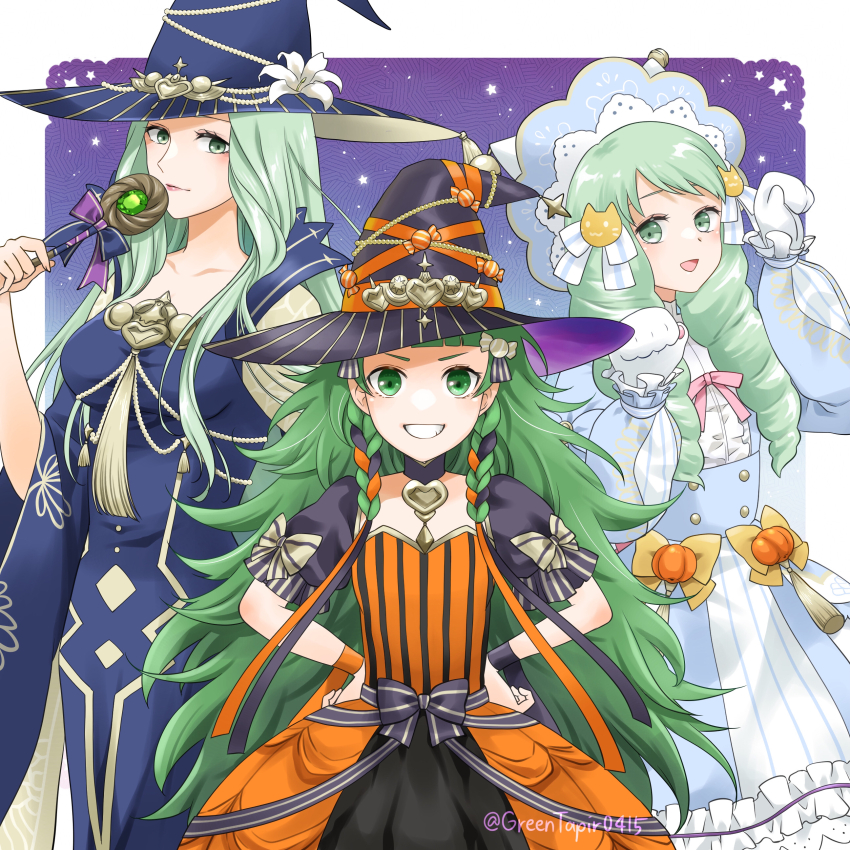 3girls absurdres animal_hands blue_dress blunt_bangs candy_hair_ornament cat_hair_ornament cat_paws dress drill_hair fire_emblem fire_emblem:_three_houses fire_emblem_heroes flayn_(fire_emblem) flayn_(halloween)_(fire_emblem) food-themed_hair_ornament gloves green_eyes green_hair hair_ornament hands_on_own_hips hat highres holding holding_staff long_hair long_sleeves looking_at_viewer midori_no_baku mother_and_daughter multiple_girls nintendo orange_dress paw_pose puffy_sleeves rhea_(fire_emblem) rhea_(halloween)_(fire_emblem) smile sothis_(fire_emblem) sothis_(halloween)_(fire_emblem) staff star_(symbol) teeth twin_drills twitter_username very_long_hair white_dress white_gloves wide_sleeves witch_hat