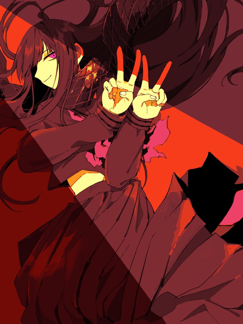 1girl black_scarf black_skirt crack_of_light double_v fate/grand_order fate_(series) highres long_hair long_sleeves nonkinakanja oryou_(fate) red_background red_eyes scarf shadow sideways_glance skirt smile snake_print solo v
