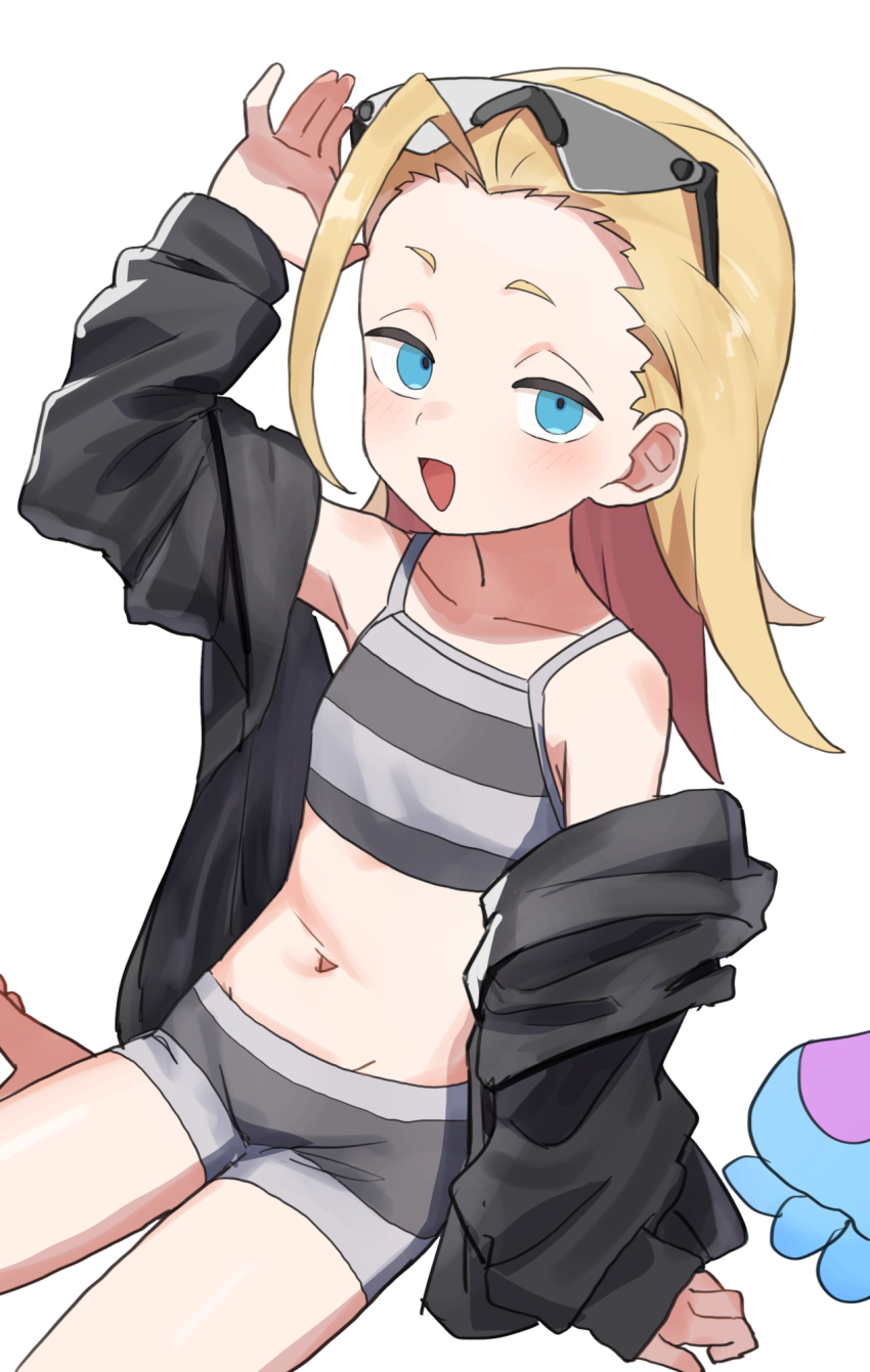 1girl :d ahoge arm_support bikini blonde_hair blue_eyes breasts do_it_yourself!! eyewear_on_head gazacy_(dai) highres juliet_queen_elizabeth_viii long_hair navel open_mouth simple_background sitting small_breasts smile sunglasses swimsuit wariza white_background