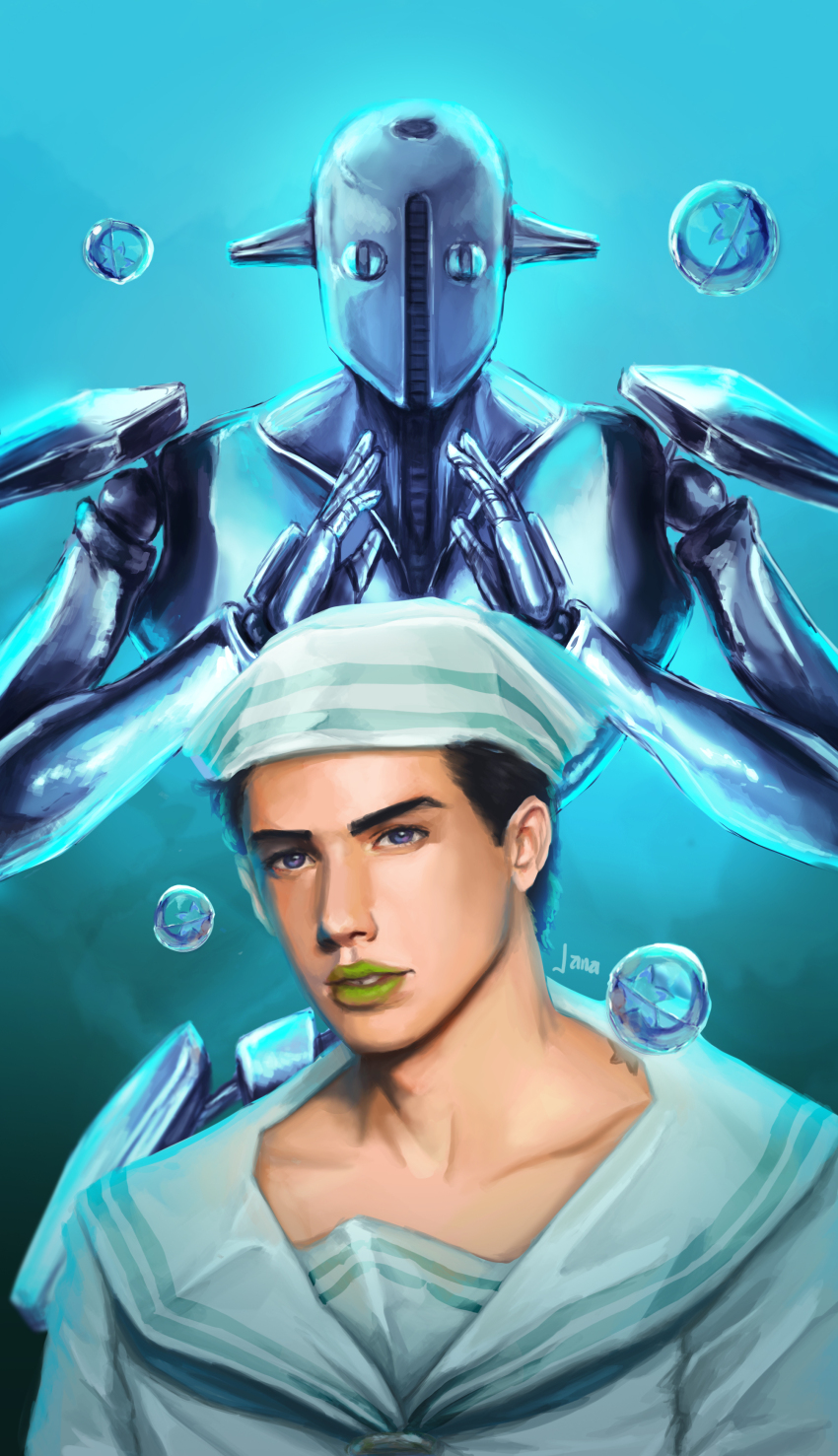 1boy 1other absurdres birthmark black_hair blue_eyes dixie_cup_hat green_lips hat higashikata_josuke_(jojolion) highres humanoid_robot janagreniuk joestar_birthmark jojo_no_kimyou_na_bouken jojolion military_hat multicolored_eyes purple_eyes robot sailor sailor_collar sailor_hat shirt shoulder_pads soap_bubbles soft_&amp;_wet stand_(jojo) white_sailor_collar white_shirt