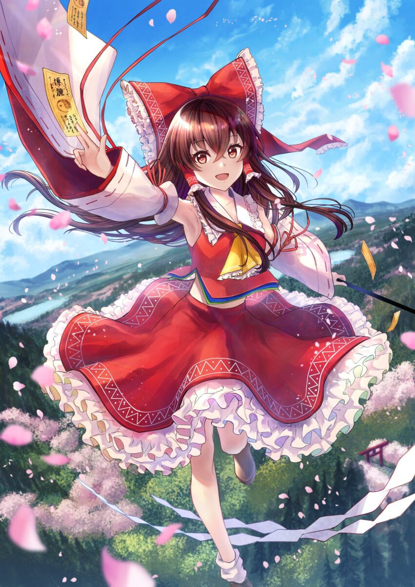 1girl ascot between_fingers blue_sky blurry bow brown_eyes brown_hair brown_shoes cherry_blossoms cloud commentary_request day depth_of_field detached_sleeves falling_petals floating frilled_bow frilled_hair_tubes frilled_skirt frills hair_bow hair_tubes hakurei_reimu highres holding lake long_hair looking_at_viewer mountain ofuda ofuda_between_fingers open_mouth outdoors petals pink_petals red_bow red_skirt ribbon-trimmed_sleeves ribbon_trim shoes skirt skirt_set sky smile socks solo tanaka_fumiko torii touhou white_socks yellow_ascot yin_yang yin_yang_print