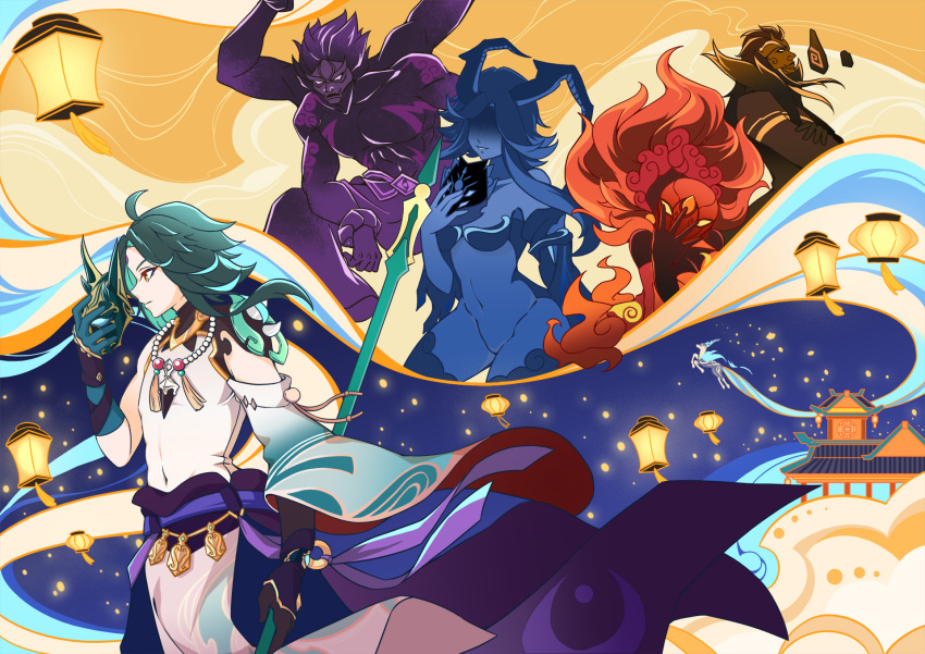 2girls 3boys ahoge aqua_hair architecture asymmetrical_clothes asymmetrical_gloves bead_necklace beads black_gloves blue_hair blue_pants bonanus_(genshin_impact) bosacius_(genshin_impact) brown_hair chinese_commentary closed_mouth commentary_request covered_navel cowboy_shot detached_sleeves east_asian_architecture extra_arms eyeshadow facial_mark forehead_mark genshin_impact gloves gold_trim green_gloves green_hair hair_between_eyes hand_up highres holding holding_mask holding_polearm holding_weapon horned_mask horns indarias_(genshin_impact) jewelry lantern lantern_festival makeup mask unworn_mask menogias_(genshin_impact) mismatched_gloves multicolored_hair multiple_boys multiple_girls necklace night pants paper_lantern parted_bangs polearm profile purple_hair purple_ribbon qiyanbujueshi red_eyeshadow red_hair ribbon shirt short_hair shoulder_spikes sidelocks single_detached_sleeve sky_lantern skybracer_(genshin_impact) sleeveless sleeveless_shirt spiked_hair spikes standing streaked_hair tassel vision_(genshin_impact) weapon white_shirt xiao_(genshin_impact) yellow_eyes