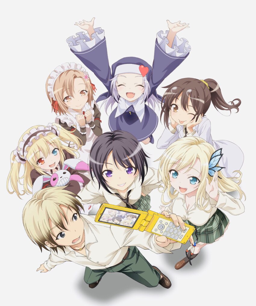1boy 6+girls ;p apron aqua_eyes arms_up black_dress black_hair black_necktie blonde_hair blue_dress blue_eyes blue_headwear boku_wa_tomodachi_ga_sukunai breasts butterfly_hair_ornament cellphone cellphone_photo cleavage dress eyewear_on_head fang flat_chest flip_phone frilled_apron frills gradient_hair green_pants green_skirt hair_ornament hair_ribbon hairband hasegawa_kobato hasegawa_kodaka heterochromia high_ponytail highres holding holding_phone hugging_doll hugging_object kashiwazaki_sena kusunoki_yukimura lab_coat large_breasts lolita_hairband long_hair long_sleeves looking_at_viewer looking_back maid maid_apron maid_headdress mikazuki_yozora multicolored_hair multiple_girls necktie nun official_art one_eye_closed pants phone plaid_clothes plaid_skirt pleated_skirt ponytail purple_eyes red_eyes red_ribbon ribbon school_uniform shiguma_rika short_hair simple_background skirt small_breasts smile st._chronica_academy_school_uniform stuffed_animal stuffed_rabbit stuffed_toy takayama_maria taking_picture tongue tongue_out watanabe_yoshihiro white_apron white_background yellow_ribbon