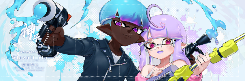 1boy 1girl ahoge artist_name blue_hair blue_jacket closed_mouth colored_tongue commentary commission commissioner_name dark-skinned_male dark_skin dual_wielding e-liter_4k_(splatoon) earrings firing glasses heart heart_ahoge highres holding holding_weapon inkling inkling_boy inkling_girl inkling_player_character jacket jewelry jinkoika long_hair long_sleeves multicolored_hair nintendo off_shoulder open_mouth pink_eyes pink_jacket pointy_ears purple_eyes purple_hair purple_tongue sample_watermark shirt short_hair smile splat_dualies_(splatoon) splatoon_(series) splatoon_2 stud_earrings symbol-only_commentary tank_top tentacle_hair two-tone_hair upper_body watermark weapon white-framed_eyewear white_shirt white_tank_top