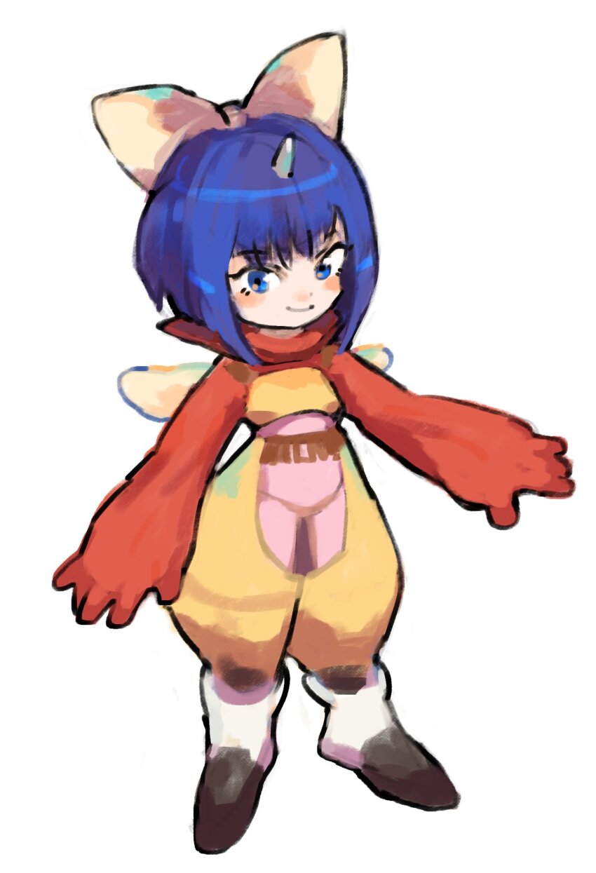 1girl blue_eyes blue_hair bodysuit bow closed_mouth eiko_carol final_fantasy final_fantasy_ix full_body gan2 hair_bow highres horns mini_wings pink_bodysuit short_hair simple_background single_horn smile solo standing white_background white_bow white_horns white_wings wings