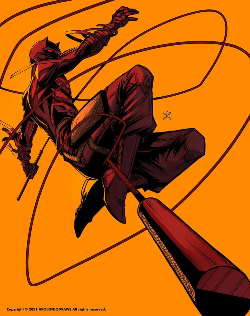 1boy airborne apoloniodraws artist_name bodysuit boots daredevil gloves highres holding holding_nunchaku holding_weapon horns looking_down male_focus marvel mask nunchaku orange_background pants pants_tucked_in pouch red_bodysuit red_boots red_eyes red_gloves solo superhero_costume thigh_pouch weapon western_comics_(style) yellow_background