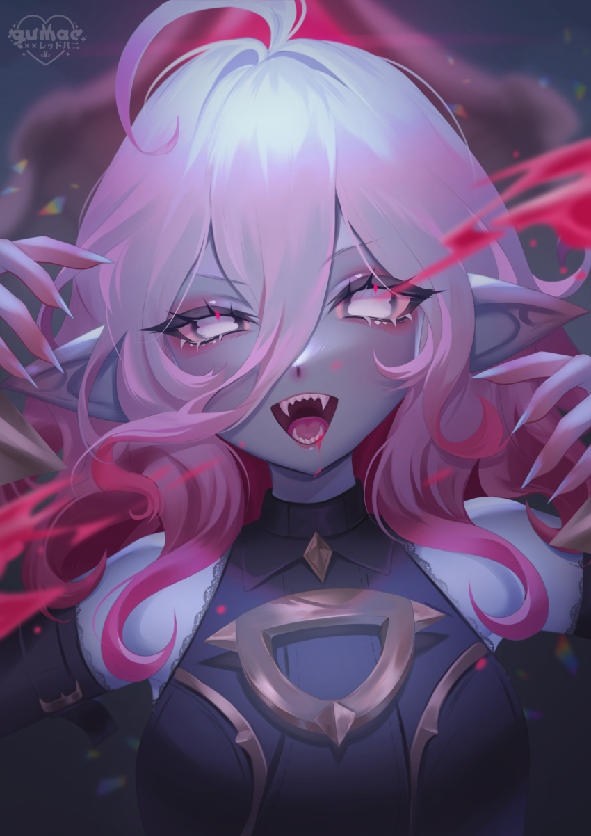 1girl :q absurdres ahoge artist_name blood blood_on_mouth blood_splatter blue_nails breasts briar_(league_of_legends) colored_sclera colored_skin commentary detached_sleeves english_commentary eyelashes fangs fingernails grey_hair gumae hair_between_eyes highres league_of_legends long_hair looking_at_viewer medium_breasts multicolored_hair nail_polish no_pupils open_mouth pink_hair pink_sclera pointy_ears sharp_fingernails sharp_teeth sidelocks solo teeth tongue tongue_out two-tone_hair upper_body vampire white_eyes