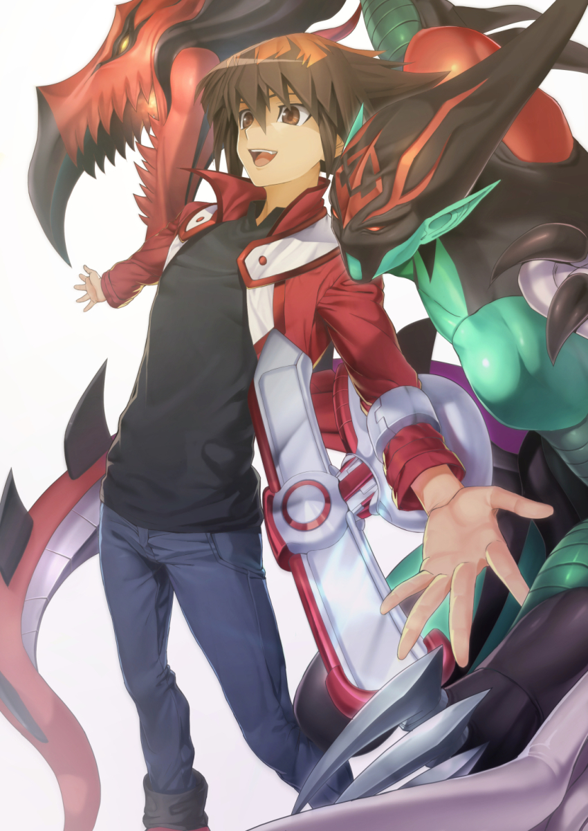 1boy brown_eyes brown_hair claws duel_academy_uniform_(yu-gi-oh!_gx) duel_disk elemental_hero_flame_wingman highres medium_hair open_mouth pointy_ears red_eyes simple_background smile ts422 white_background yellow_eyes yu-gi-oh! yu-gi-oh!_gx yuki_judai